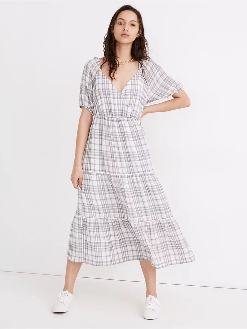 Madewell Blue and White Plaid Tiered Puff-Sleeve Maxi Dress Size 2
